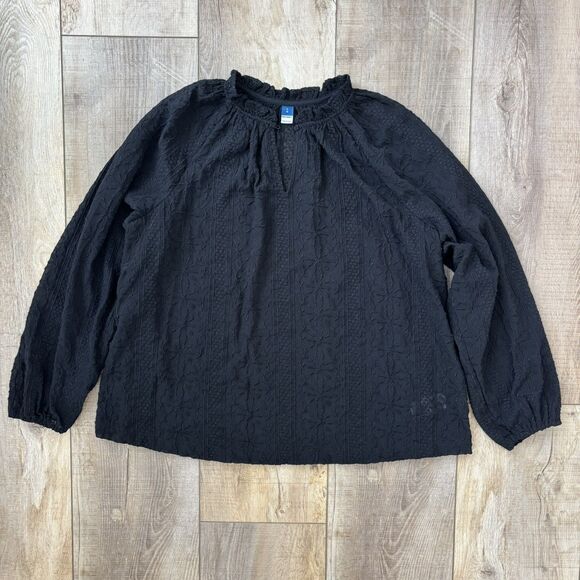 Old Navy Womens Black Floral Embroidery Blouse L Black Sheer Boho Flowy Cruise - Picture 3 of 13